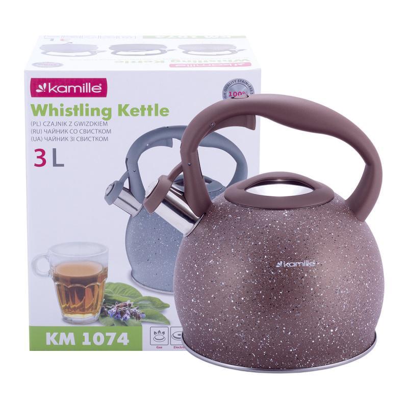 Чайник Kamille Whistling Kettle из нержавеющей стали со свистком 3 л Коричневый мрамор