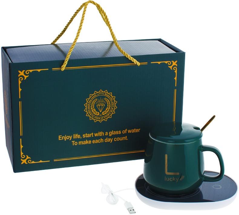 Чашка порцелянова Bona Lucky 400 мл з підігрівом від USB з кришкою та ложечкою Зелений - фото 2