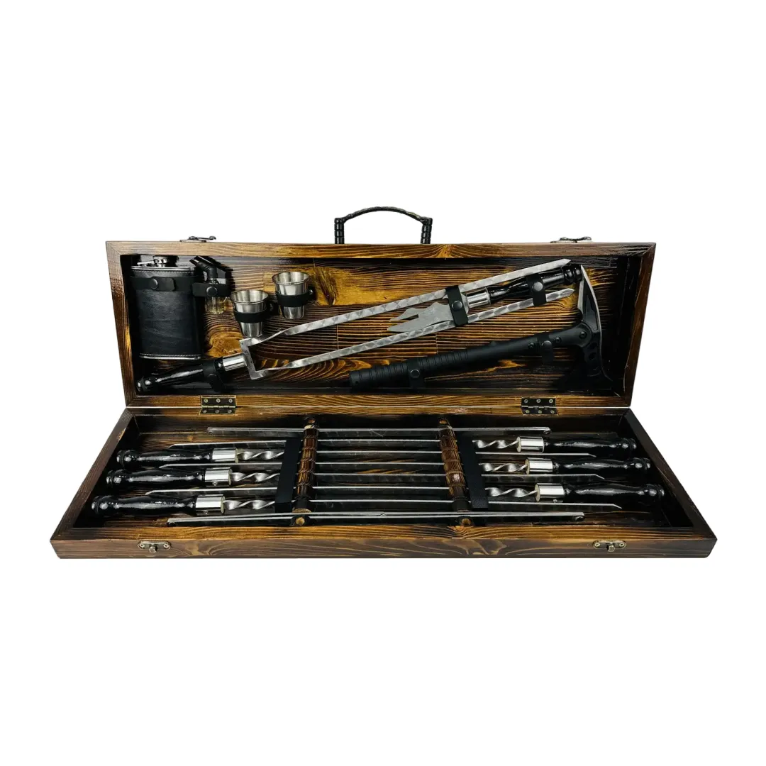 Набор шампуров в кейсе Блэк MAX люксовый на кожаных ремнях деревянный из нержавеющей стали (2-10-KS-7905)