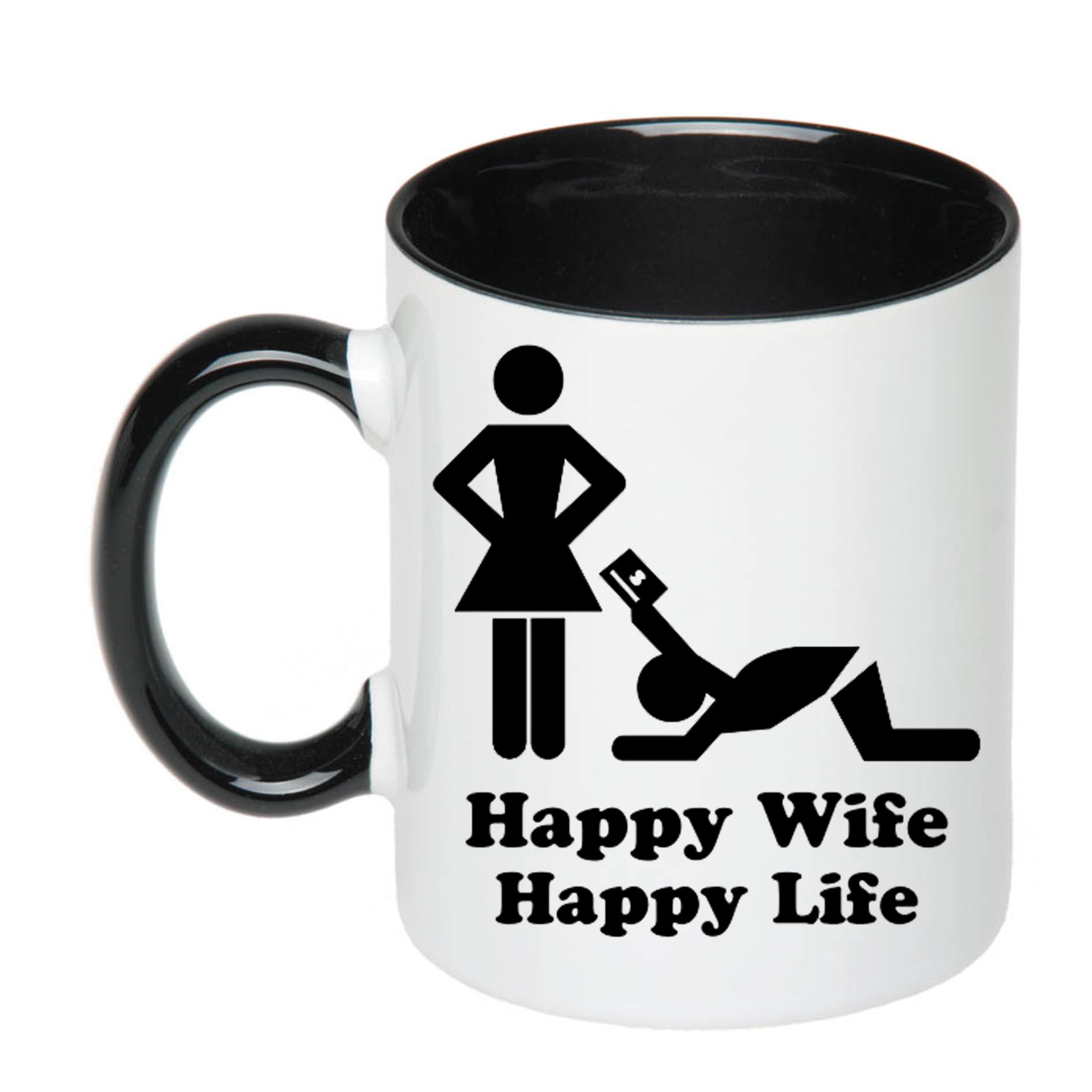 Чашка с печатью Happy wife happy life 330 мл Черный (22716) - фото 1 Чашка с печатью Happy wife happy life 330 мл Черный (22716) - фото 1