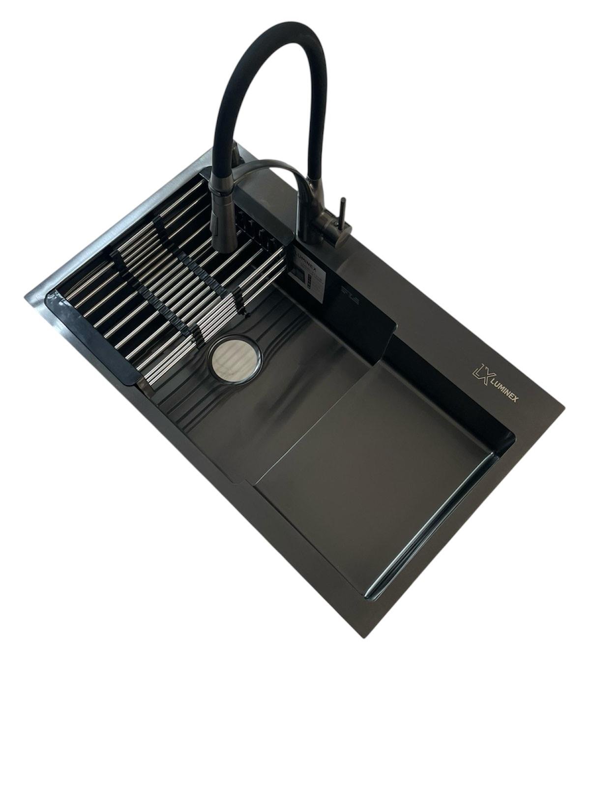 Мойка для кухни левая Luminex 7848 L/смеситель кухонный Kroner Ersel GRP03393BLK гибкий из латуни (8809)