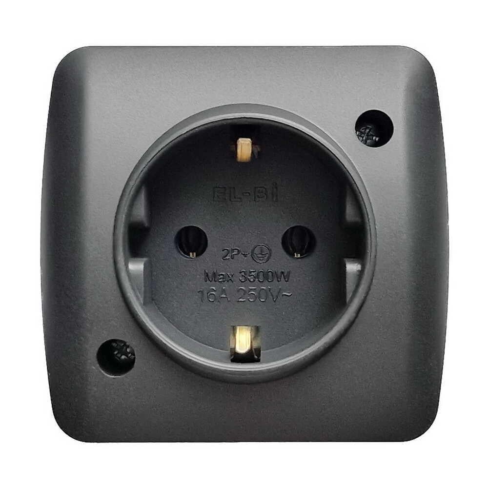 Розетка El-BI Alsu одинарная с накладной заземлением Черный (IP20)