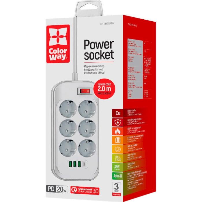 Сетевой фильтр ColorWay CW-CHE64PDW 6 розеток 1 USB-C PD 3 USB-A QC3.0 36W 2 м White (26075476) - фото 2