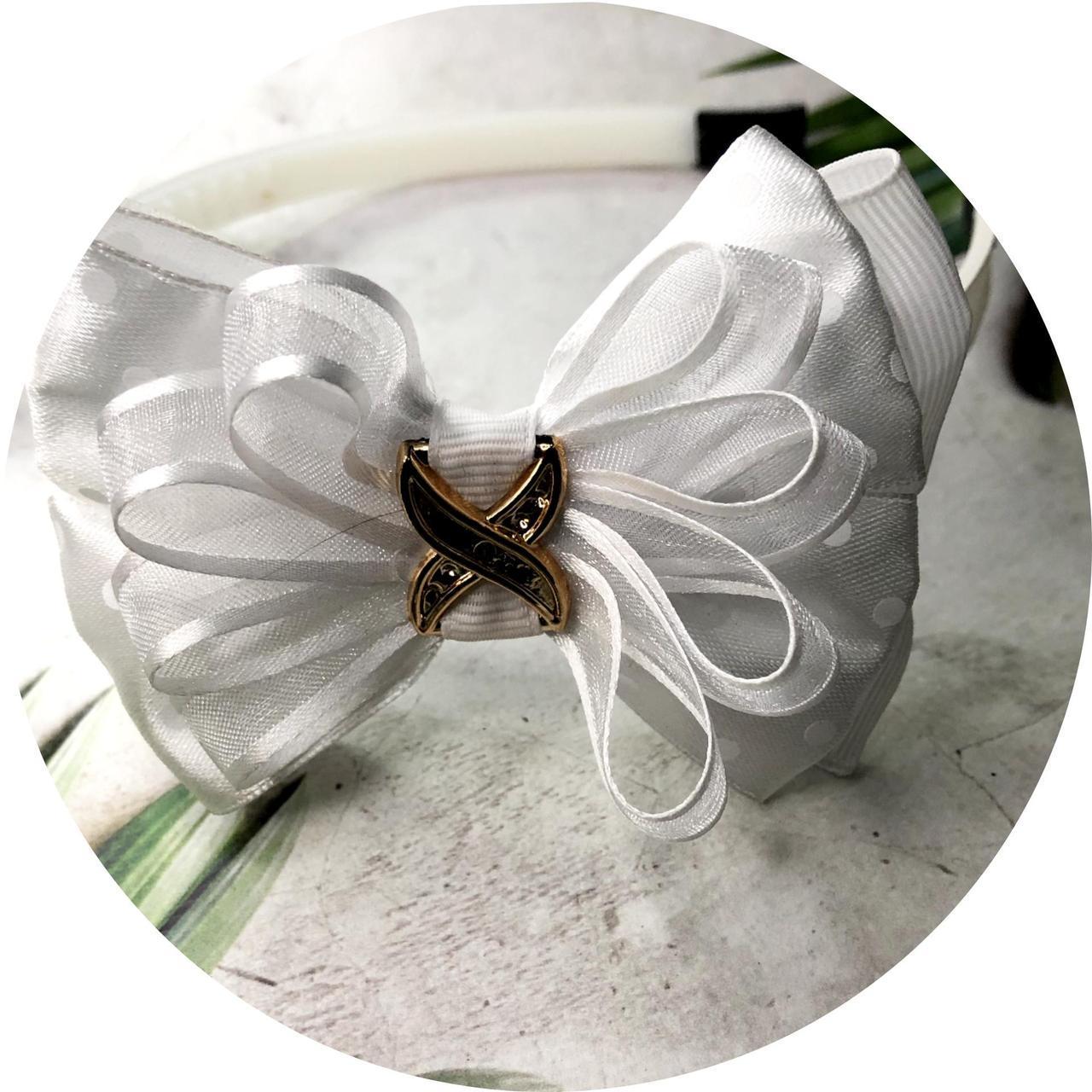 Обруч для волосся дитячий з бантиком Білий в горошок Обруч для волосся дитячий з бантиком Білий в горошок