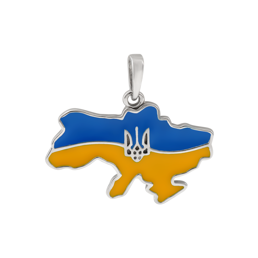 Кулон серебряный в виде карты Украины покрытый желто-голубой эмалью и дополненный гербом