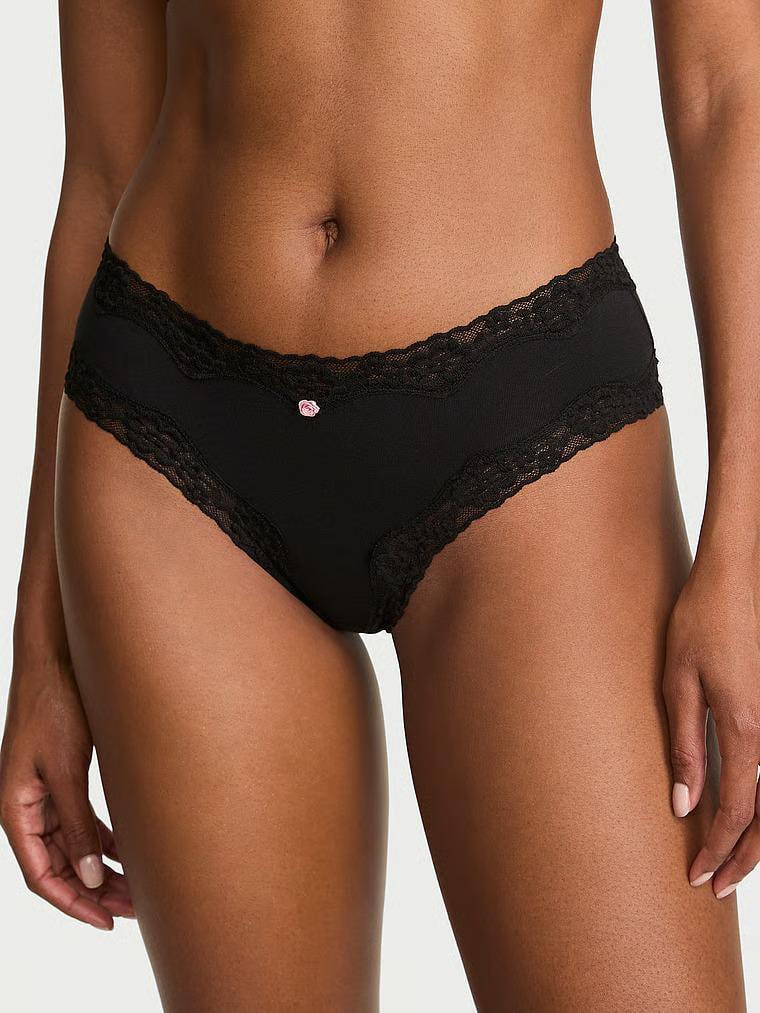 Трусики чики Victoria's Secret Cotton Lace-Waist Cheeky Panty Black M Черный (27271830)