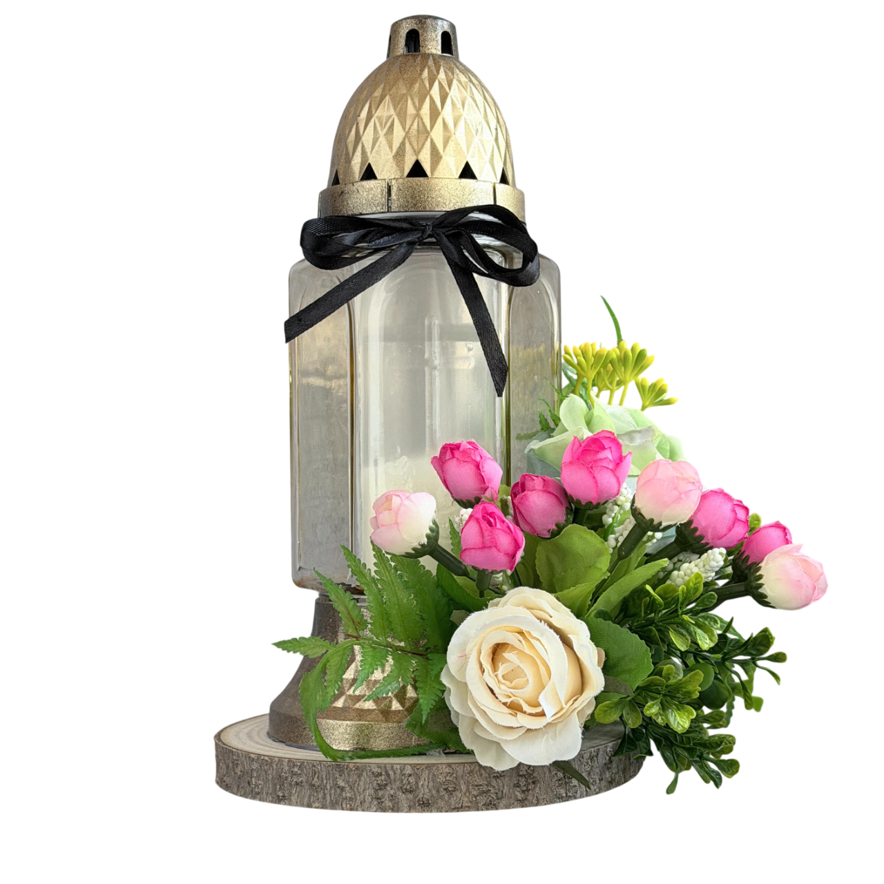 Композиція ДАЙС з штучних квітів та лампадою зі свічкою на дерев'яній основі 25 см