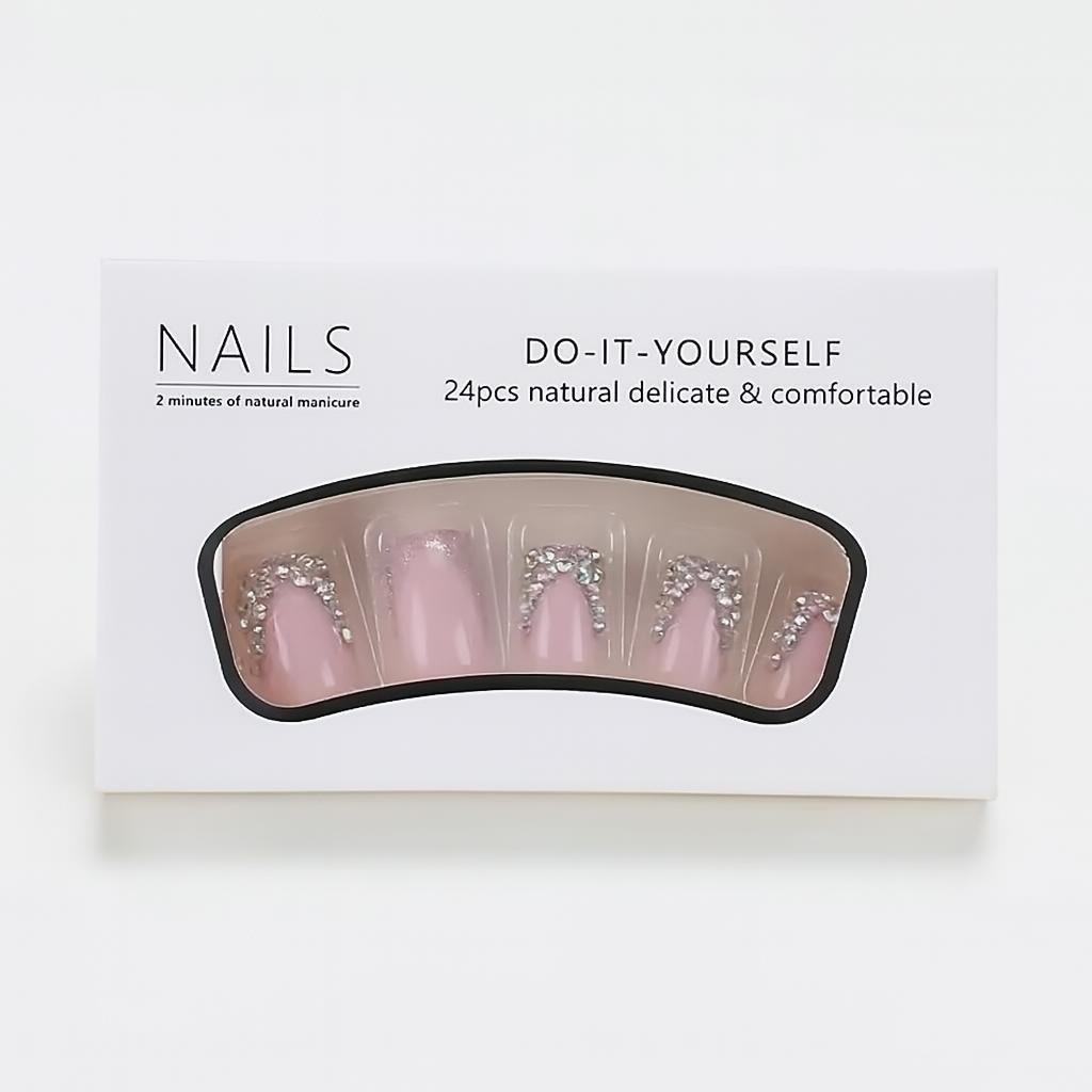 Накладные ногти Nail Art с объемными стразами квадрат средней с клеевыми пластинами 24 шт. Розовый (2789190710)