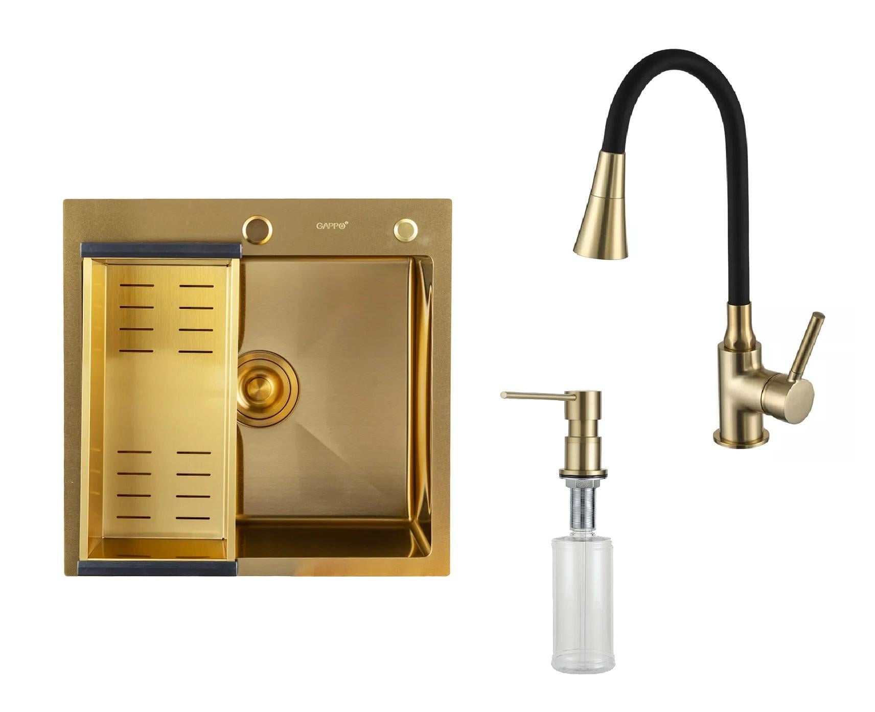Мойка кухонная Gappo 50/50 из нержавеющей стали со смесителем с гибким изливом дозатором и корзиной Золотой (1046114)