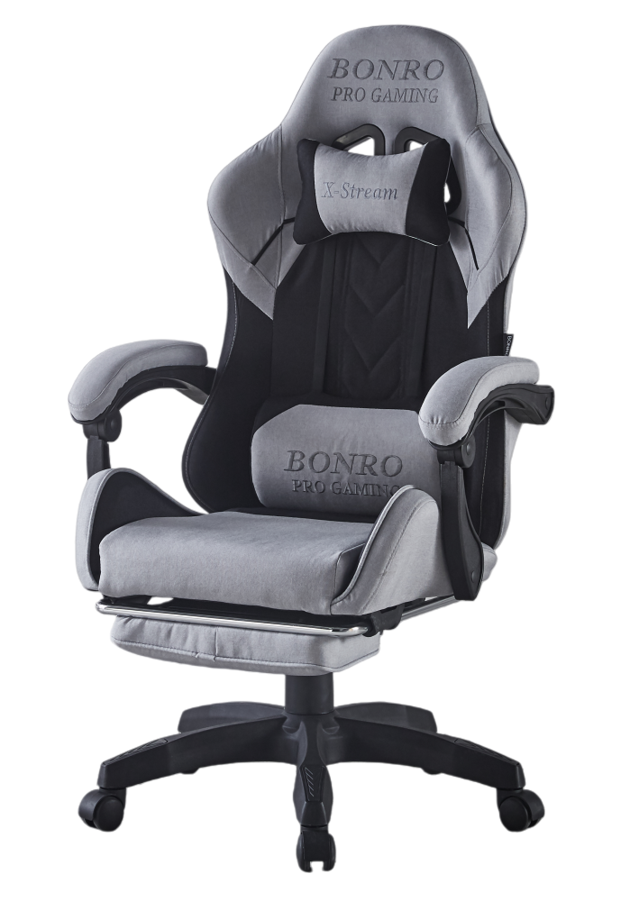 Крісло геймерське з тканини та підставкою для ніг Bonro B-145 Чорно-сірий (147-76-42401049)