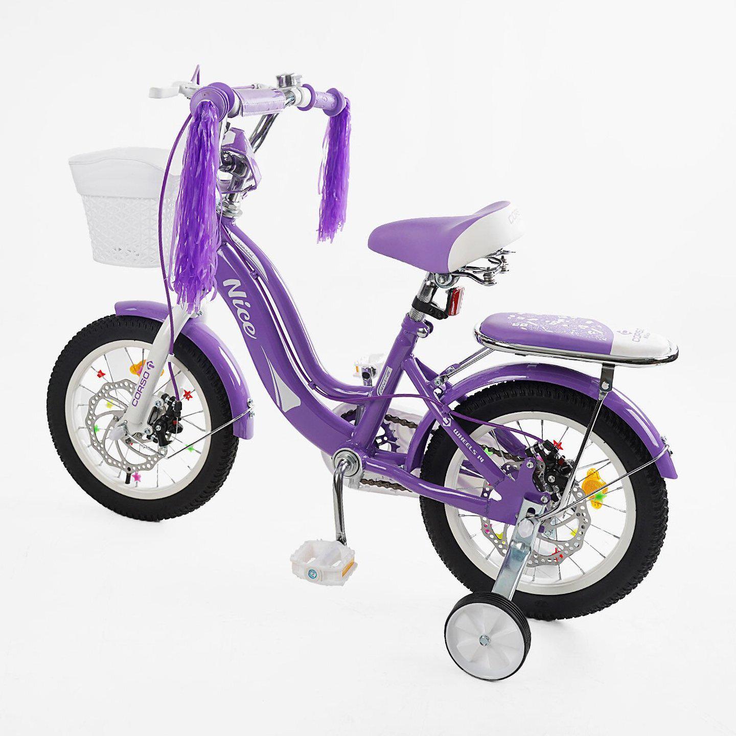 Велосипед двухколесный детский Corso 14" Nice с корзиной и багажником Фиолетовый - фото 3