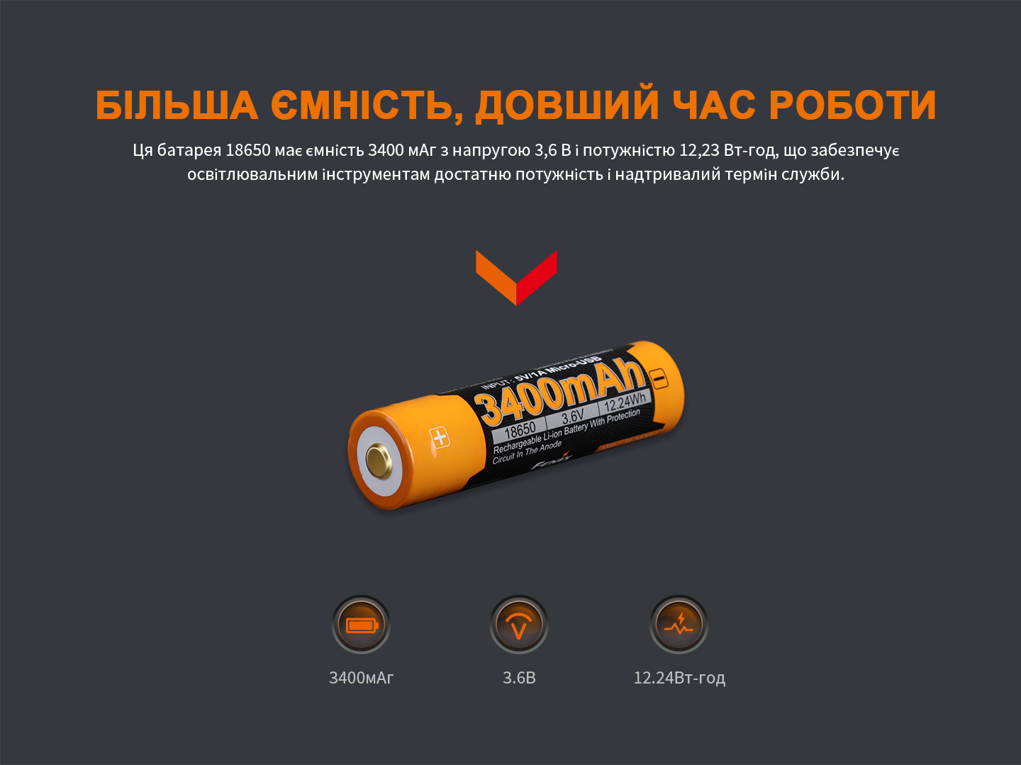 Аккумулятор Fenix 18650 3400 mAh 3,6V Li-ion с micro-USB зарядкой Черно-желтый - фото 7 Аккумулятор Fenix 18650 3400 mAh 3,6V Li-ion с micro-USB зарядкой Черно-желтый - фото 7