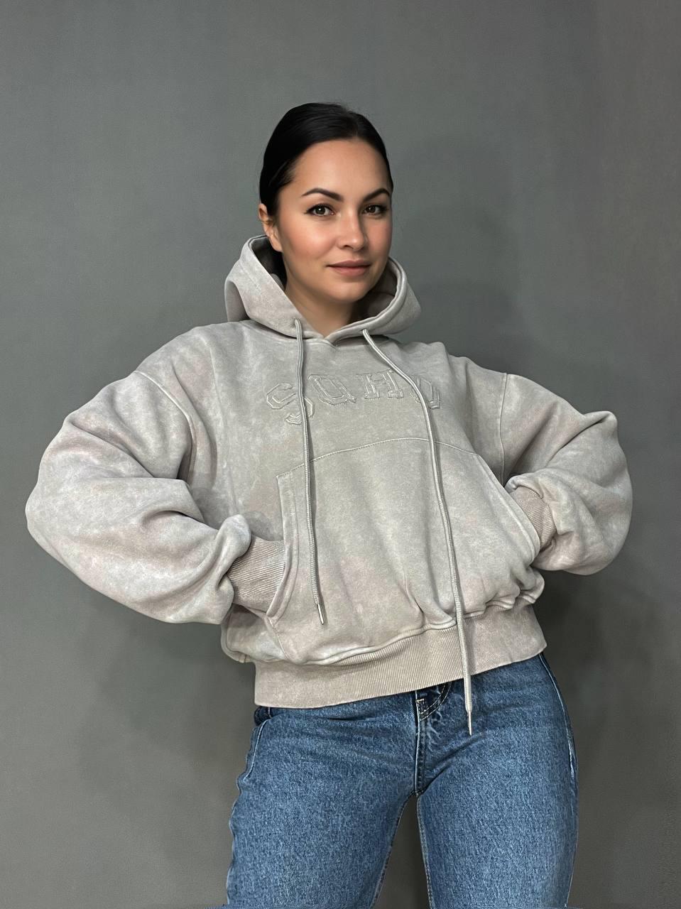 Худи женское JOY ONE 25513 вареное тай-дай вышивка впереди с капюшоном средняя длина OS Бежевый (3314) - фото 7