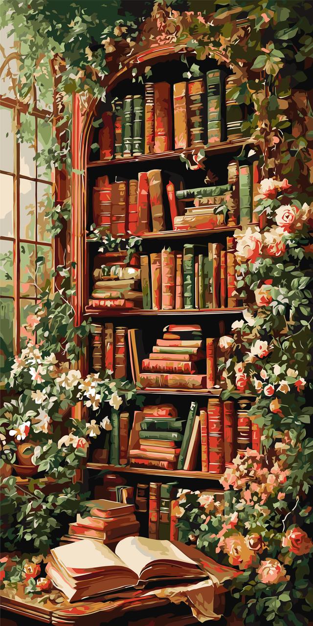 Картина за номерами Орігамі Квіти Чарівна бібліотека під плющем 40х80 см