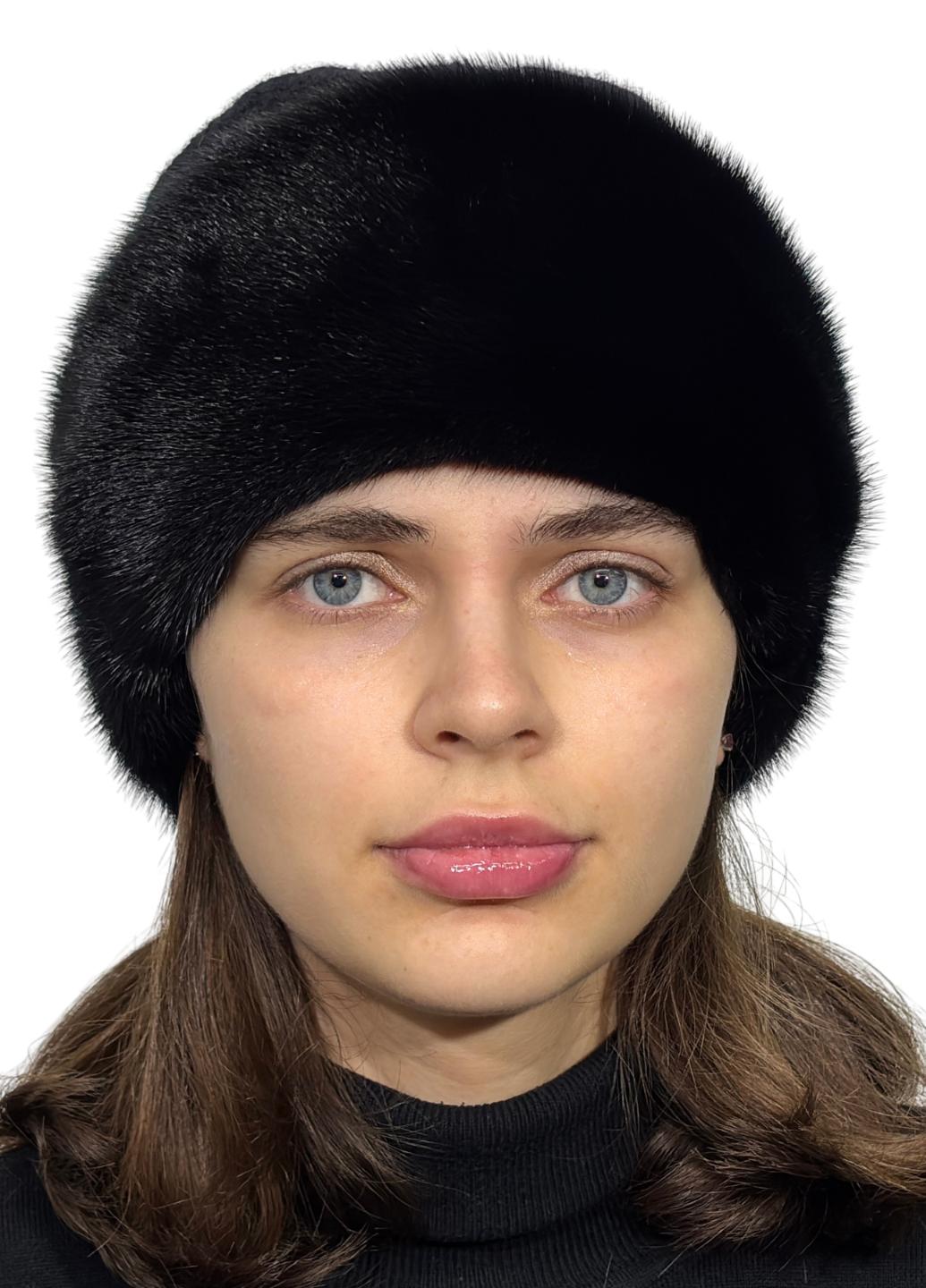 Женская вязаная шапка Меховой стиль Кашемир из натурального меха норки XL-XXL Черный (125/А