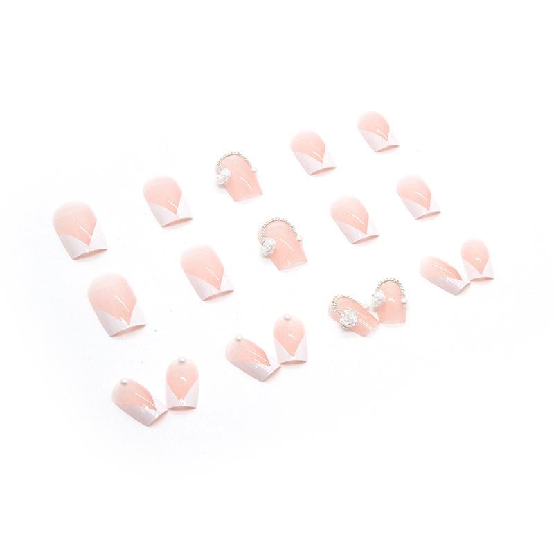 Набор накладных ногтей с жемчужным декором и белым френчем с клеем 24 шт. Bananahall Z476 Розовый (A9751) - фото 4