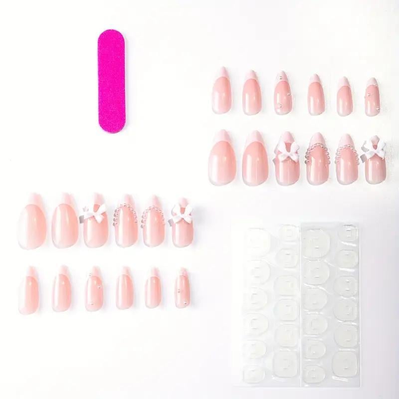 Накладные ногти с объемным дизайном Бант с жемчугом миндаль средней длины с клеевыми пластинами 24 шт. Белый (2789190688) - фото 6