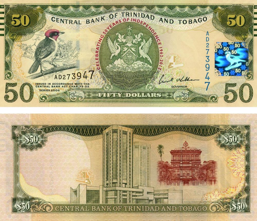 Коллекционная банкнота Тринидад и Тобаго 50 долларов 2012 UNC Памятная 50 лет Независимости Птица P53 (Б12739)