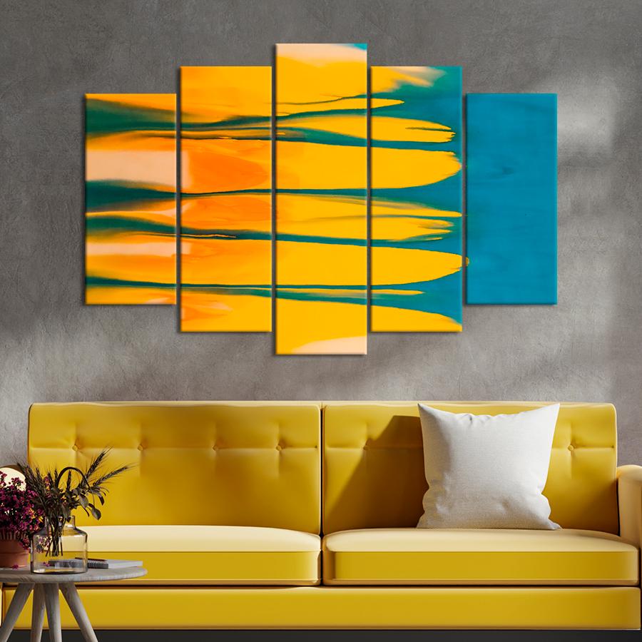 Картина абстракция Яркая жёлтая краска на голубом 112x68 см (A891-5)