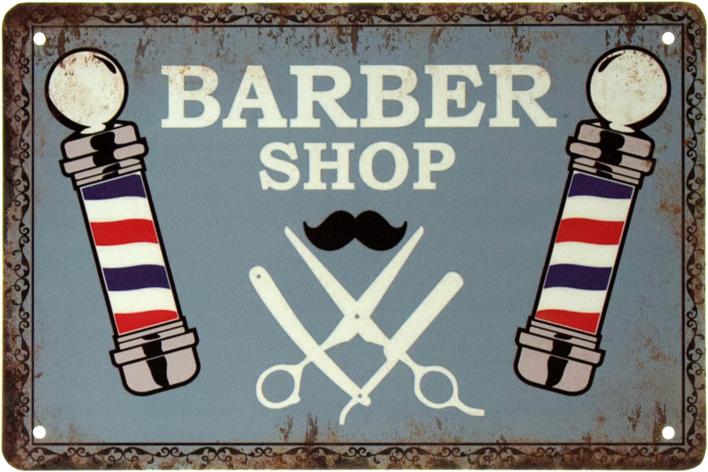 Табличка металлическая Барбершоп Синий Фон/Barber Shop 20x30 см