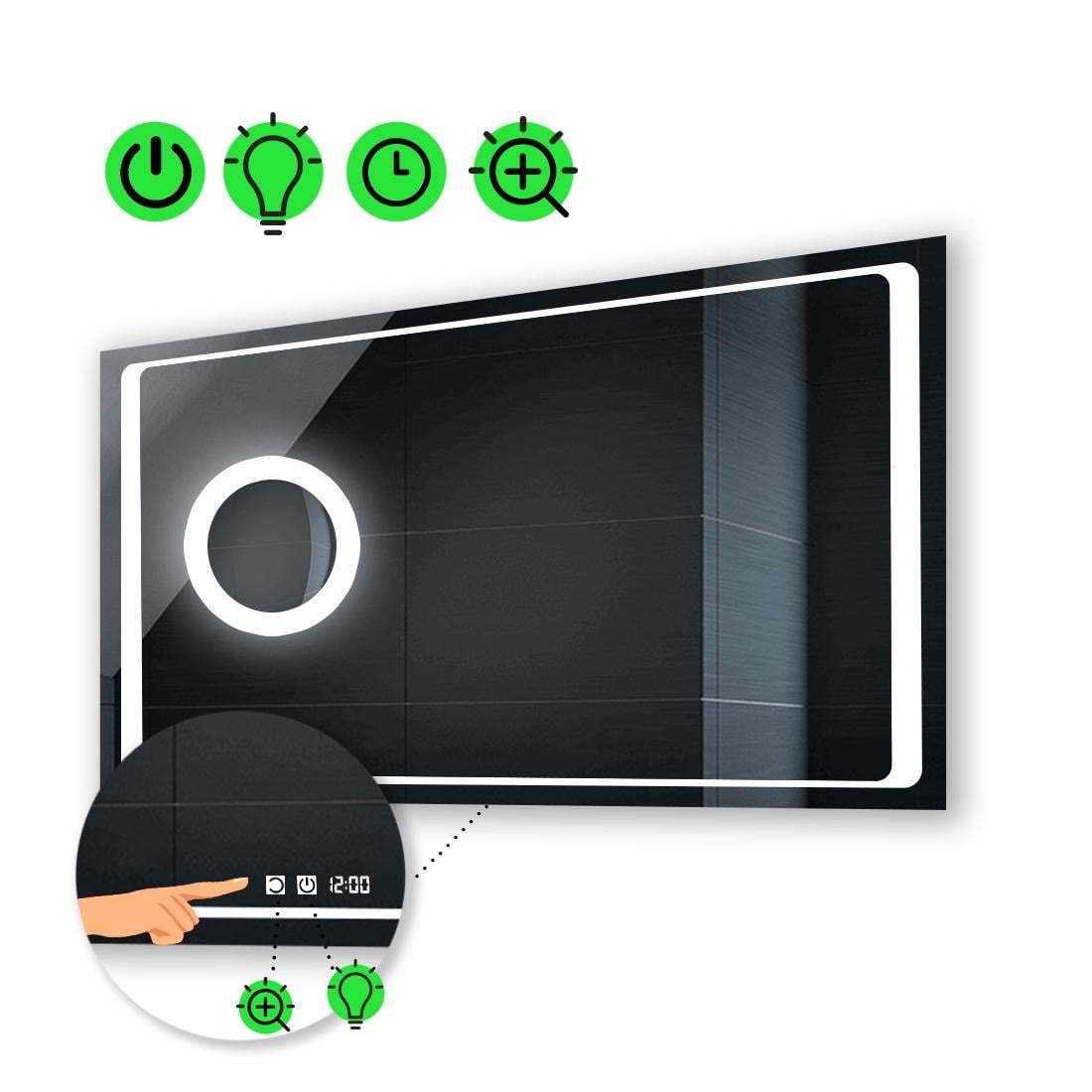 LED-зеркало 100x70 см с двумя сенсорами часами и линзой с подсветкой Emma (Emmag140)