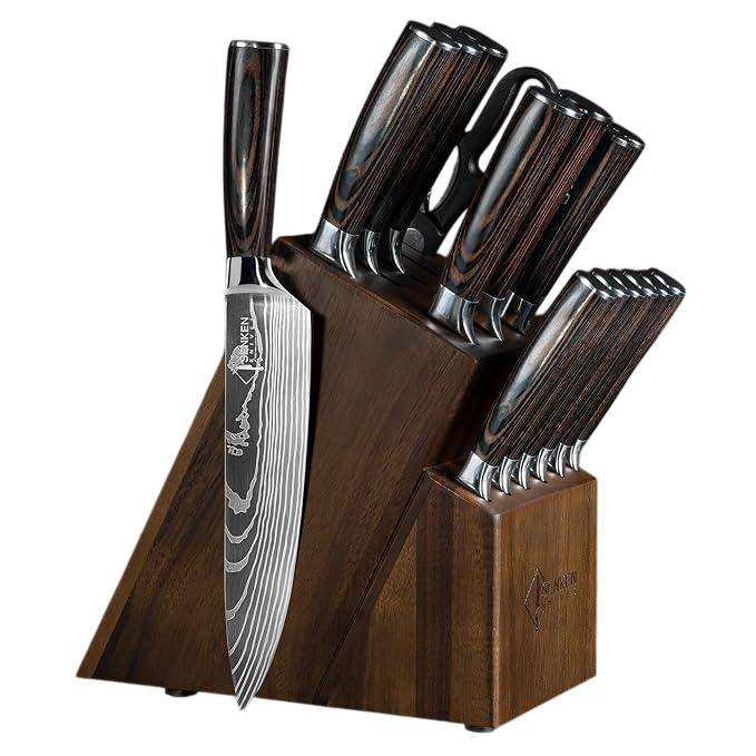 Набор кухонные ножи SENKEN 16в1 с лазерным дамасским узором. Набор кухонные ножи SENKEN 16в1 с лазерным дамасским узором.