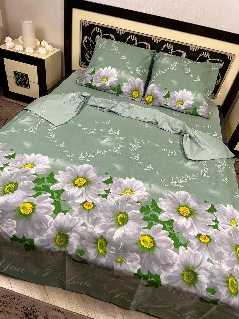 Комплект постільної білизни Квіти 180x220 см бавовняний двоспальний 50х70 см Салатовий