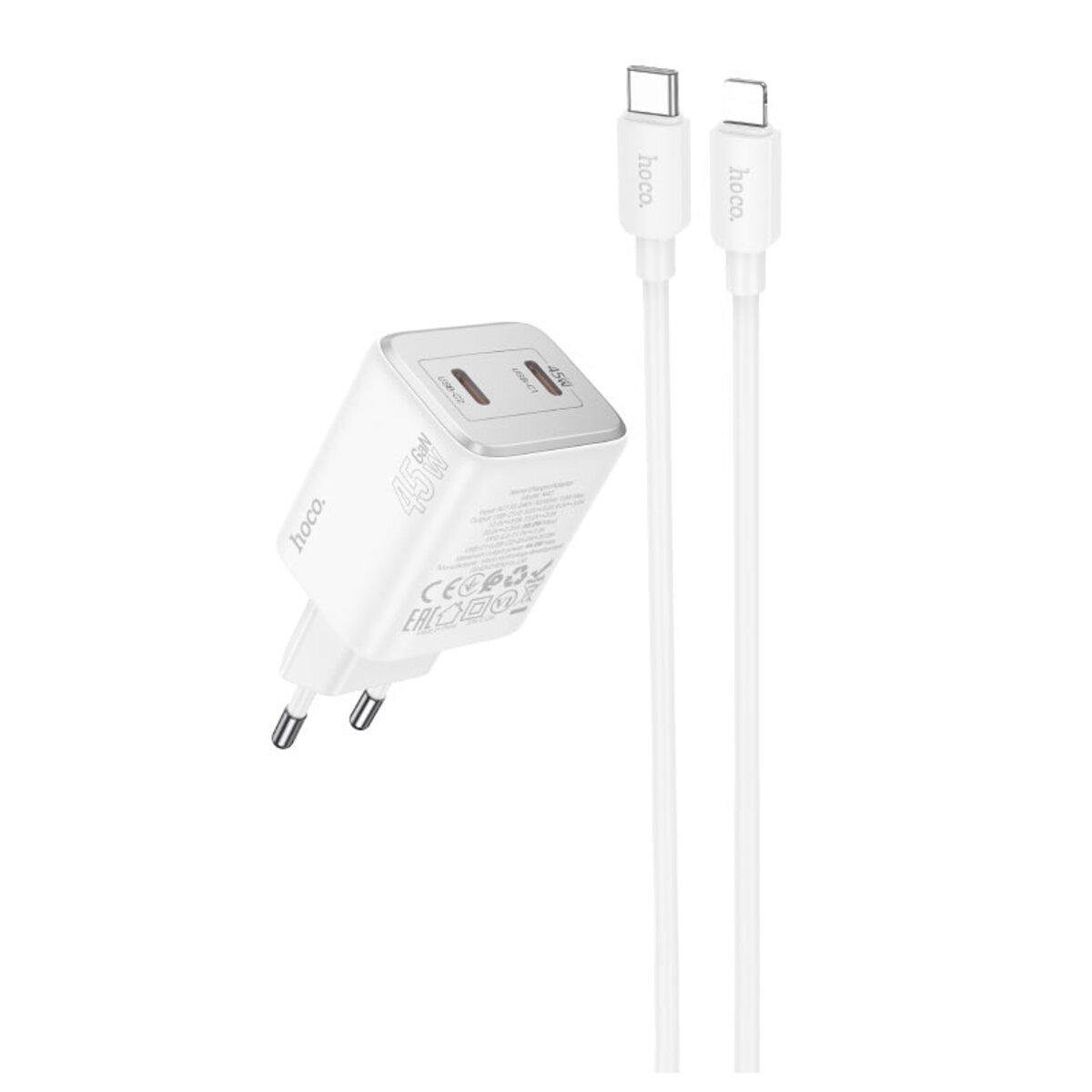 Зарядное устройство Hoco N42 Elogiado Dual-Port PD45W 2xType-C Charger Set Type-C to Lightning Cable White (6942007617116) - фото 2 Зарядное устройство Hoco N42 Elogiado Dual-Port PD45W 2xType-C Charger Set Type-C to Lightning Cable White (6942007617116) - фото 2