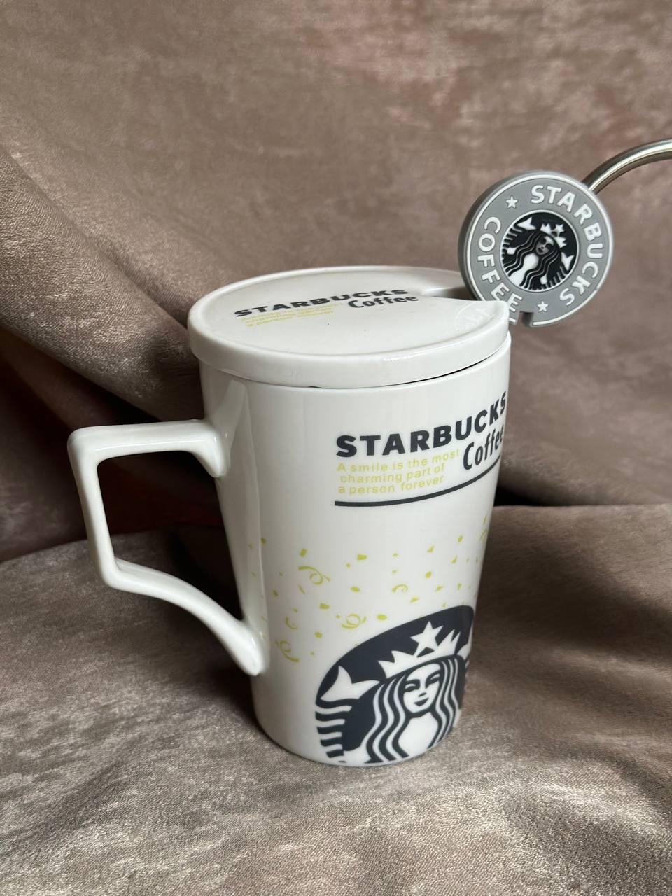 Чашка Olens Starbucks керамическая с крышкой и трубочкой 350 мл Белый (7057-5)