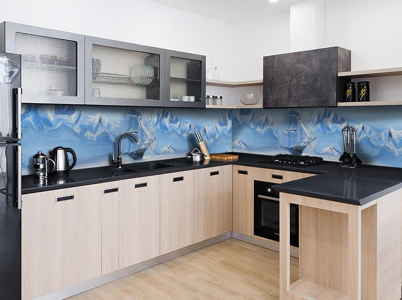 Кухонный фартук Ледяное море корабль рисунок из самоклеющейся виниловой пленки 60х300 см Голубой