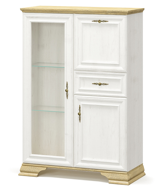 Комод классический Мебель Сервис Ирис 1В2Д1Ш со стеклом 93х133 см Андерсон пайн/Дуб золотой (bar1_1V2D1Sh_Iris_MS)