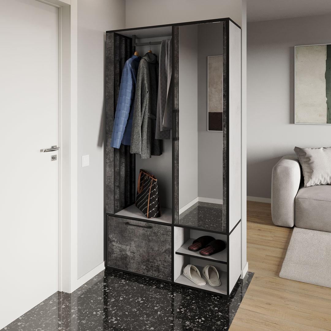 Прихожая Moreli KO-0003 с зеркалом/дверцами и штангой для одежды 1000х1900х330 мм Бетон Тефра/Бетон Темный (27688098)