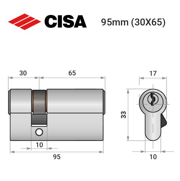 Циліндр замка ключ/ключ Cisa C2000 95 35x65 нікель матовий (37960) - фото 3