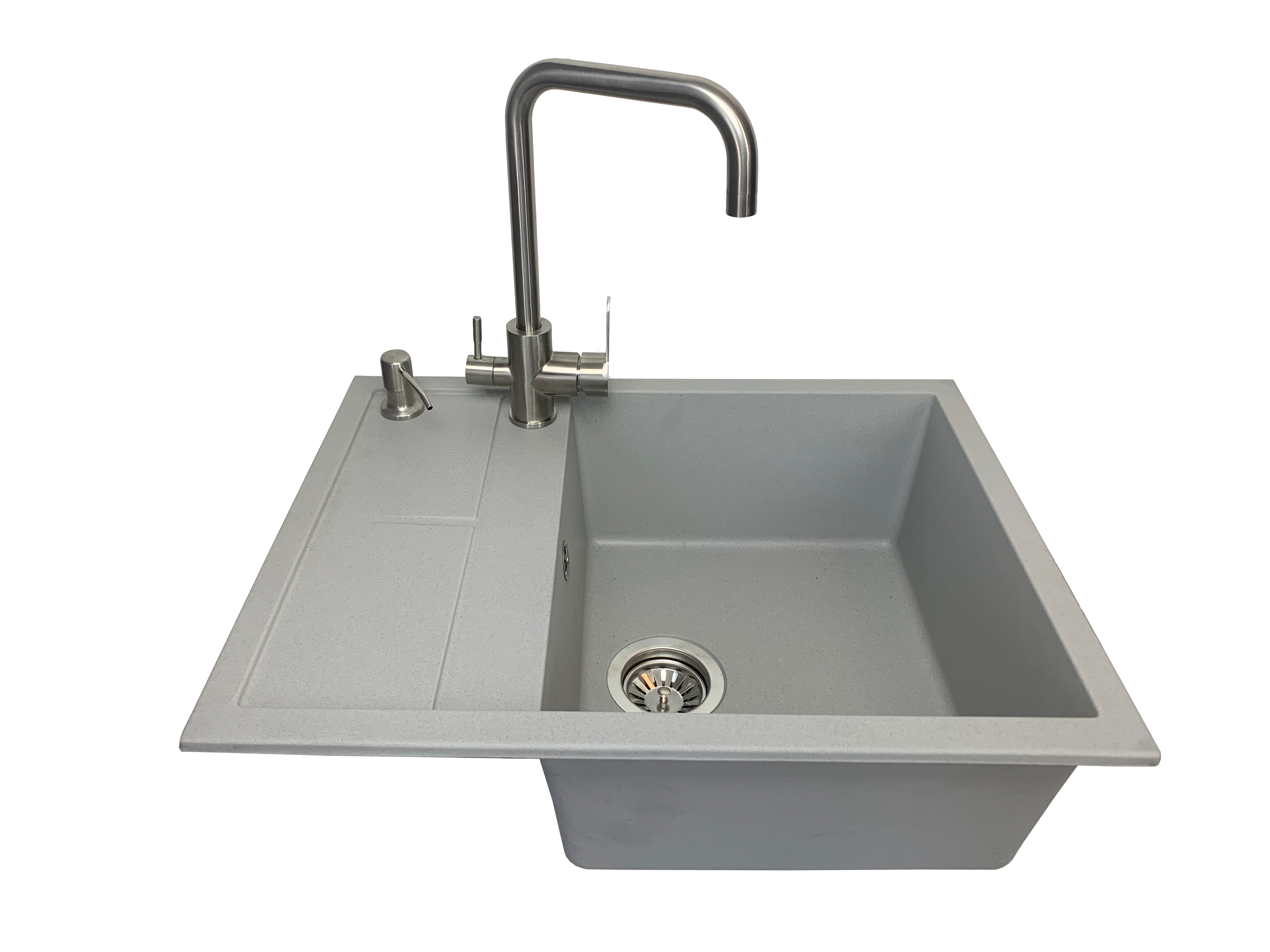 Мойка для кухни VECTOR Alia 65x50 см чаша справа/дозатор/смеситель с подключением к фильтру/сифон Светло-серый (e3757b57)
