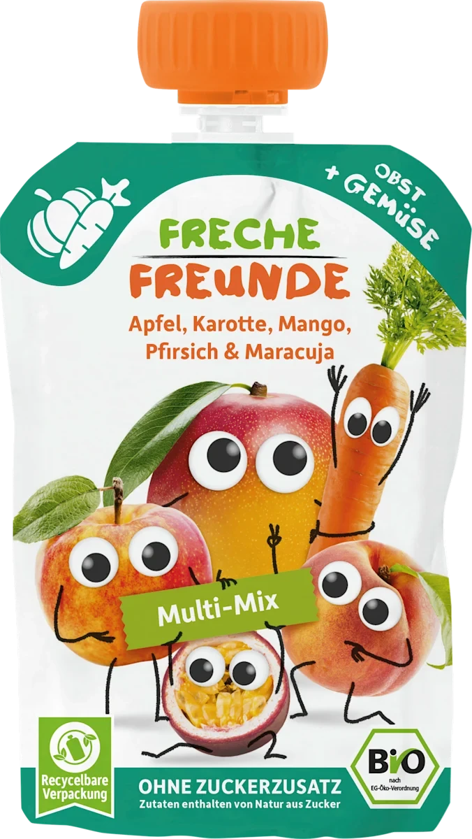 Фруктове пюре Freche Freunde з яблуком/морквою/манго для дітей з 6 місяців 100 г (29436951)