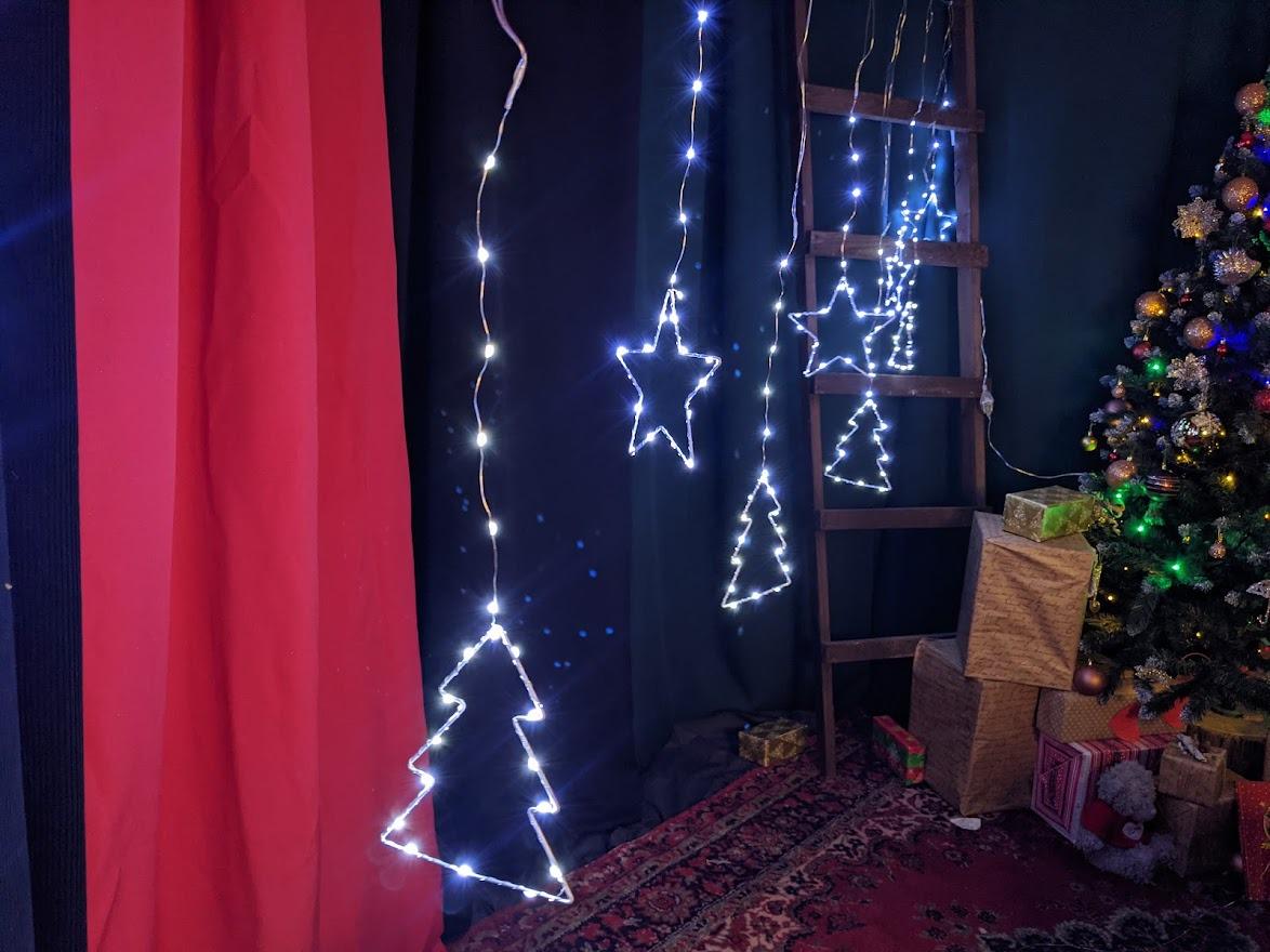 Гирлянда штора Звезды и елочки 2,5х1 м 200 LED Холодный белый