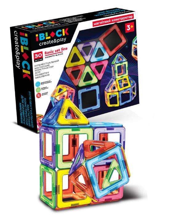Конструктор магнітний дитячий Iblock квадратики та трикутники для розвитку фантазії/логіки/моторики 30 дет. (PL-923-526)
