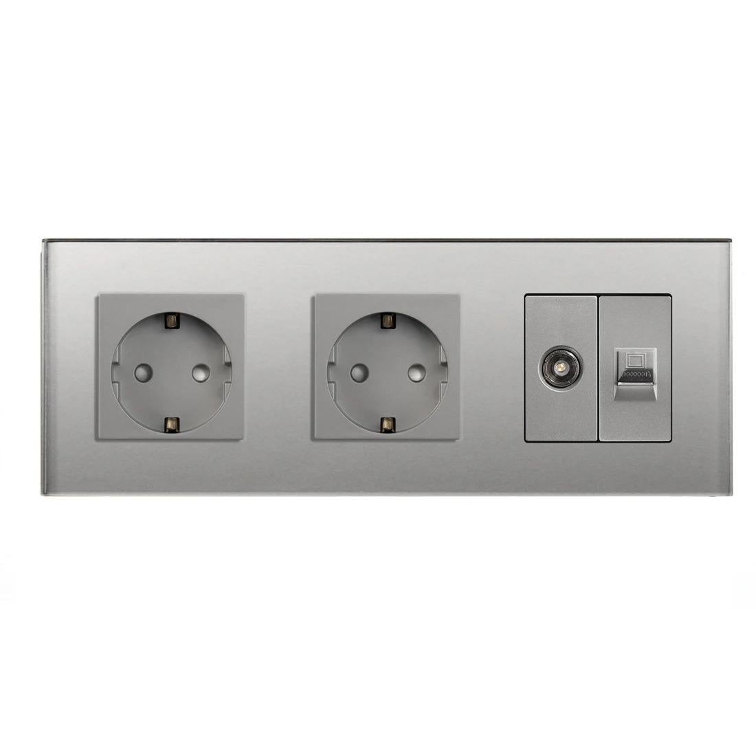 Розетка трехместная LUXION силовая/интернет RJ-45/ТВ настенная стеклянная рамка Серый (LX-M3FCAT6PTY-GY)