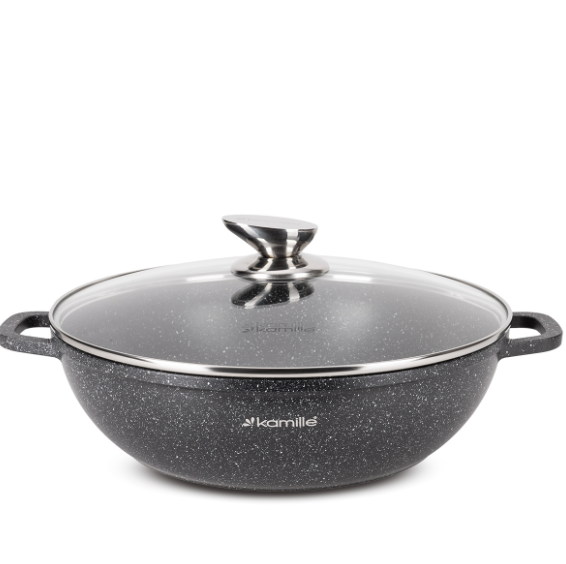 Кастрюля-вок из литого алюминия Kamille с крышкой и мраморным антипригарным покрытием 5,5 л (4486) Кастрюля-вок из литого алюминия Kamille с крышкой и мраморным антипригарным покрытием 5,5 л (4486)