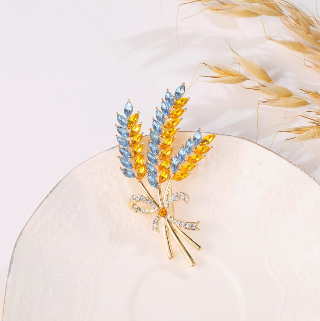 Брошь патриотическая Колосья пшеницы символ Украины с кристаллами Золотой/Желто-голубой (17552128)