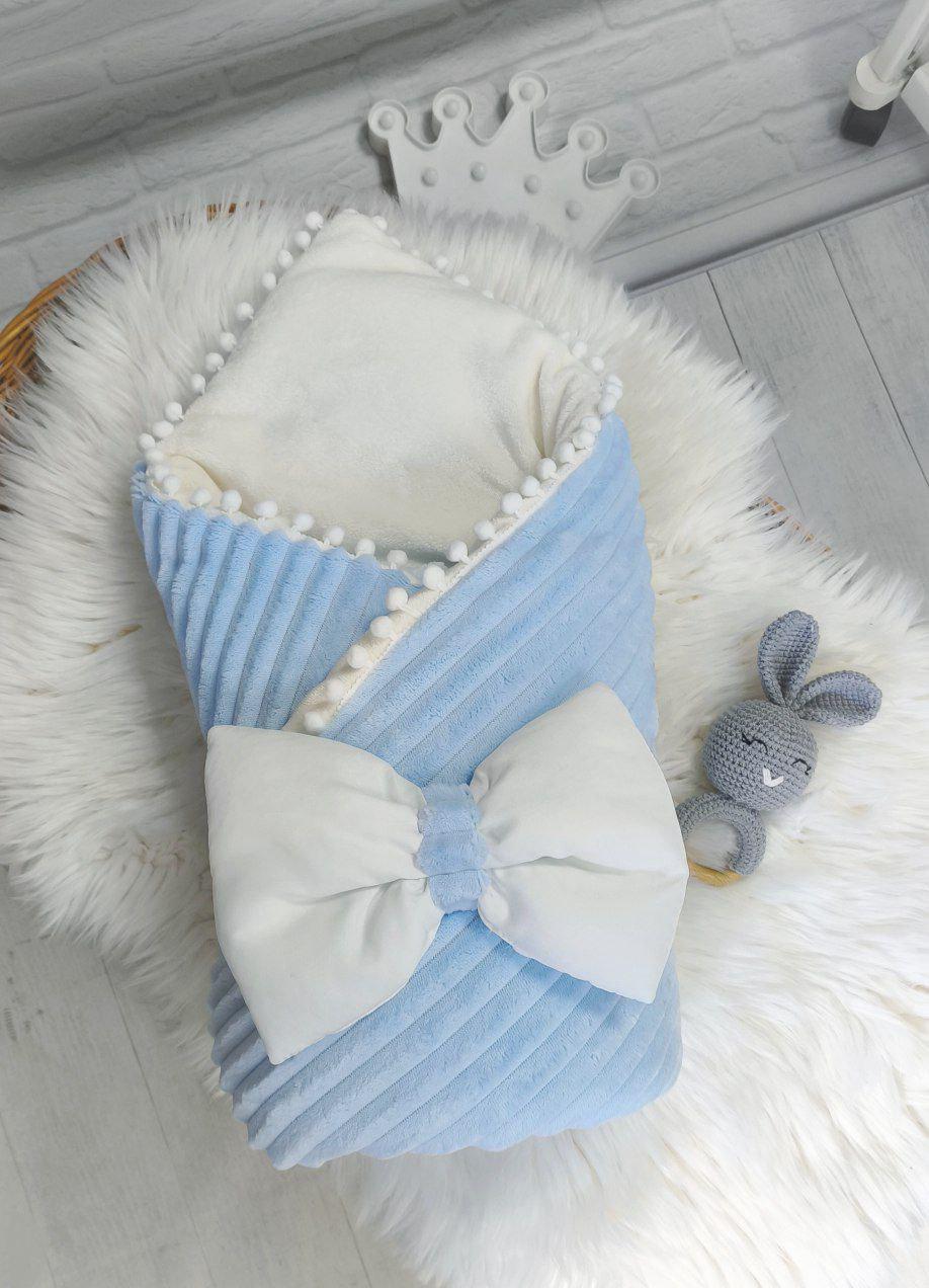Конверт-одеяло на выписку/в кроватку/в коляску Шиншилка бант-резинка махра Голубой