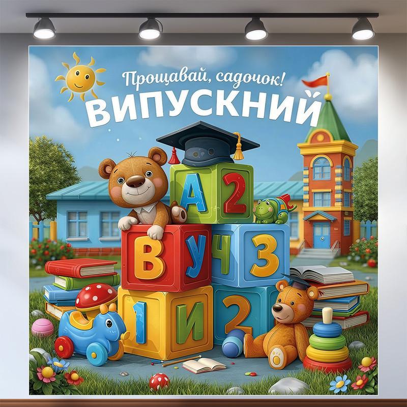 Баннер для фотозоны на выпускной в детском саду "Прощавай садочок" с кубиками и мишкой 160х160 см