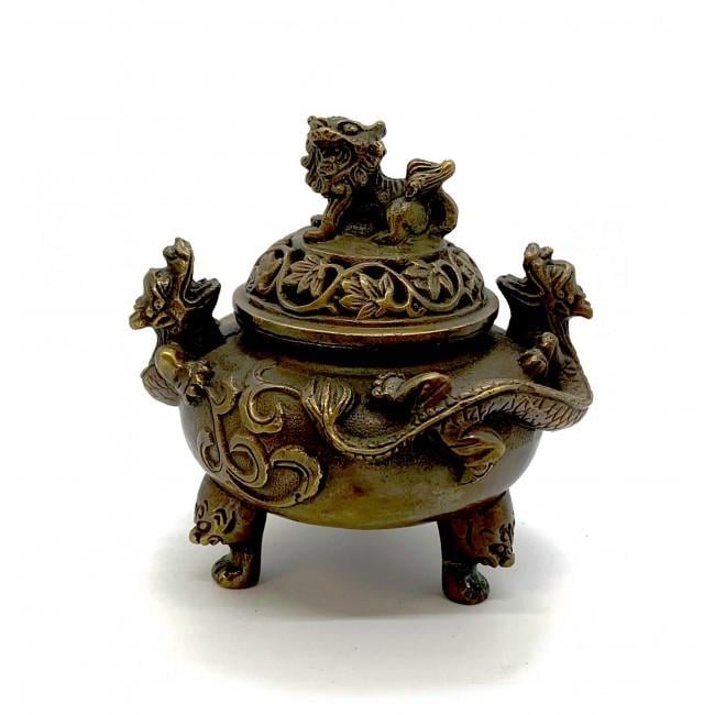 Аромакурильница Китайский Лев с драконами для благовония бронзовая 10х11х11 см (34720)