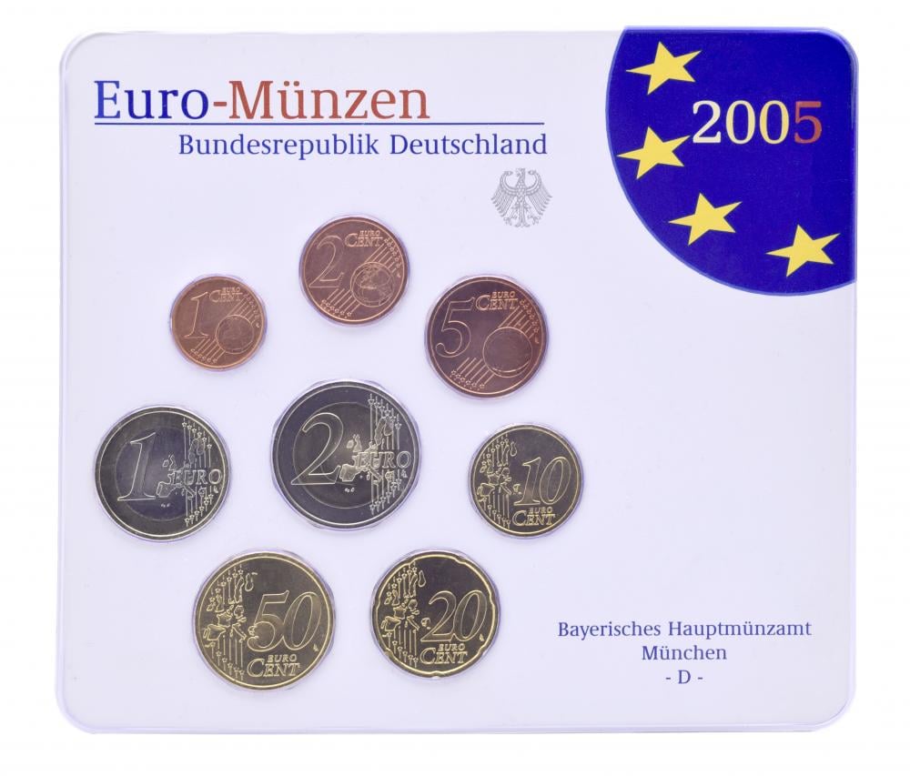 Коллекционные монеты Германия набор из 8 монет евро 2005 UNC D 1/2/5/10/20/50 евроцентов 1/2 евро в сувенирной упаковке (М14881)