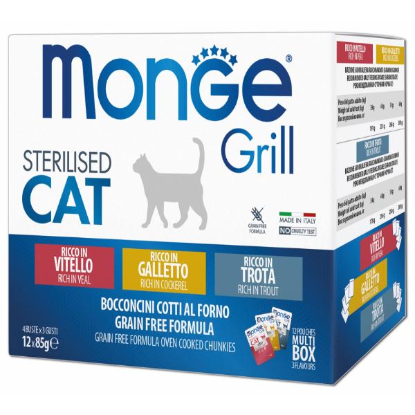 Корм для кошек влажный Monge Cat Grill WetMIX Sterilised петушок/форель/телятина 12x85 г (000025756)