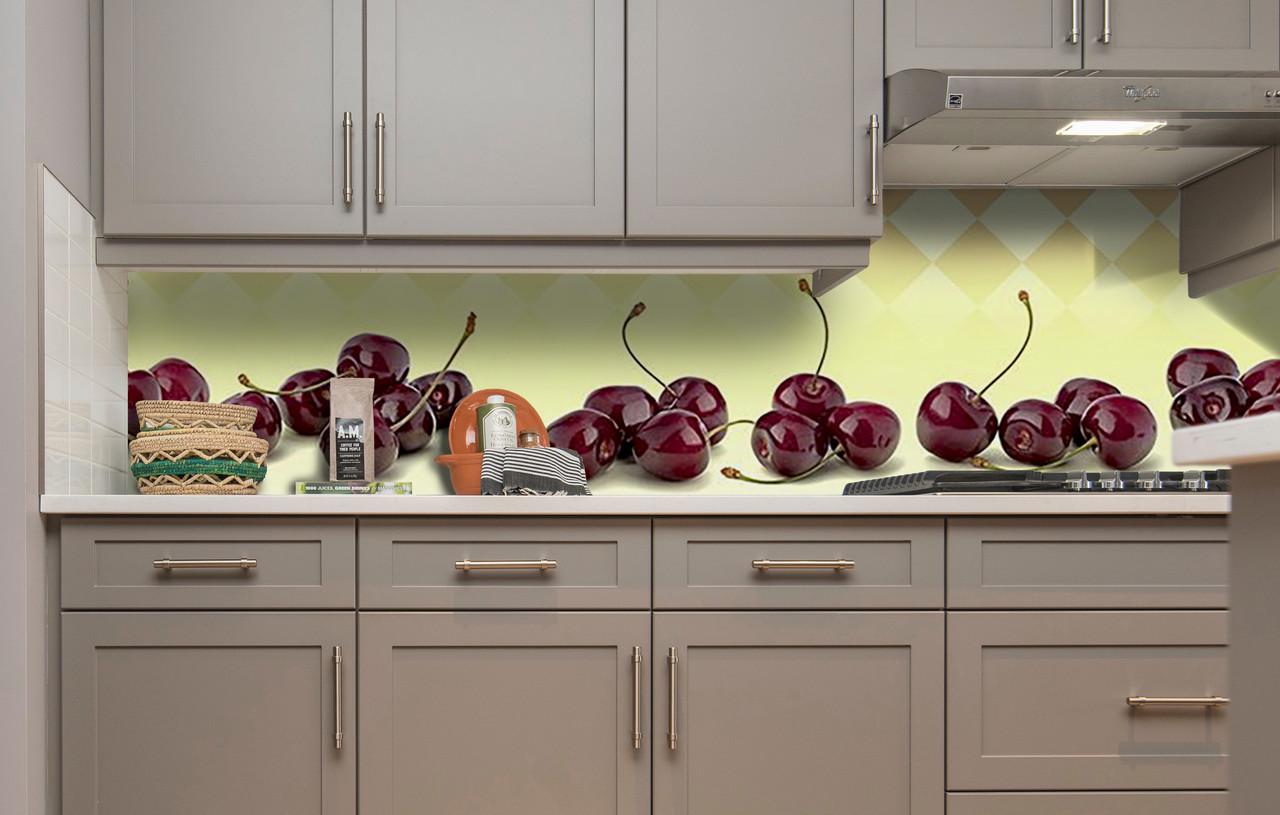 Кухонный фартук Сочные черешни вишни из самоклеющейся виниловой пленки 60х250 см Желтый