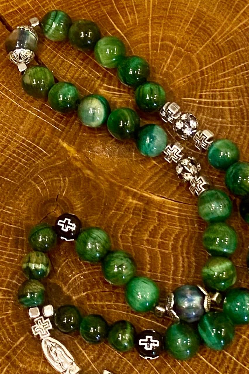 Чотки оберіг православні LITAURS з натурального каменю тигрове око d 10 мм з металевими вставками і хрестом (24083) - фото 2