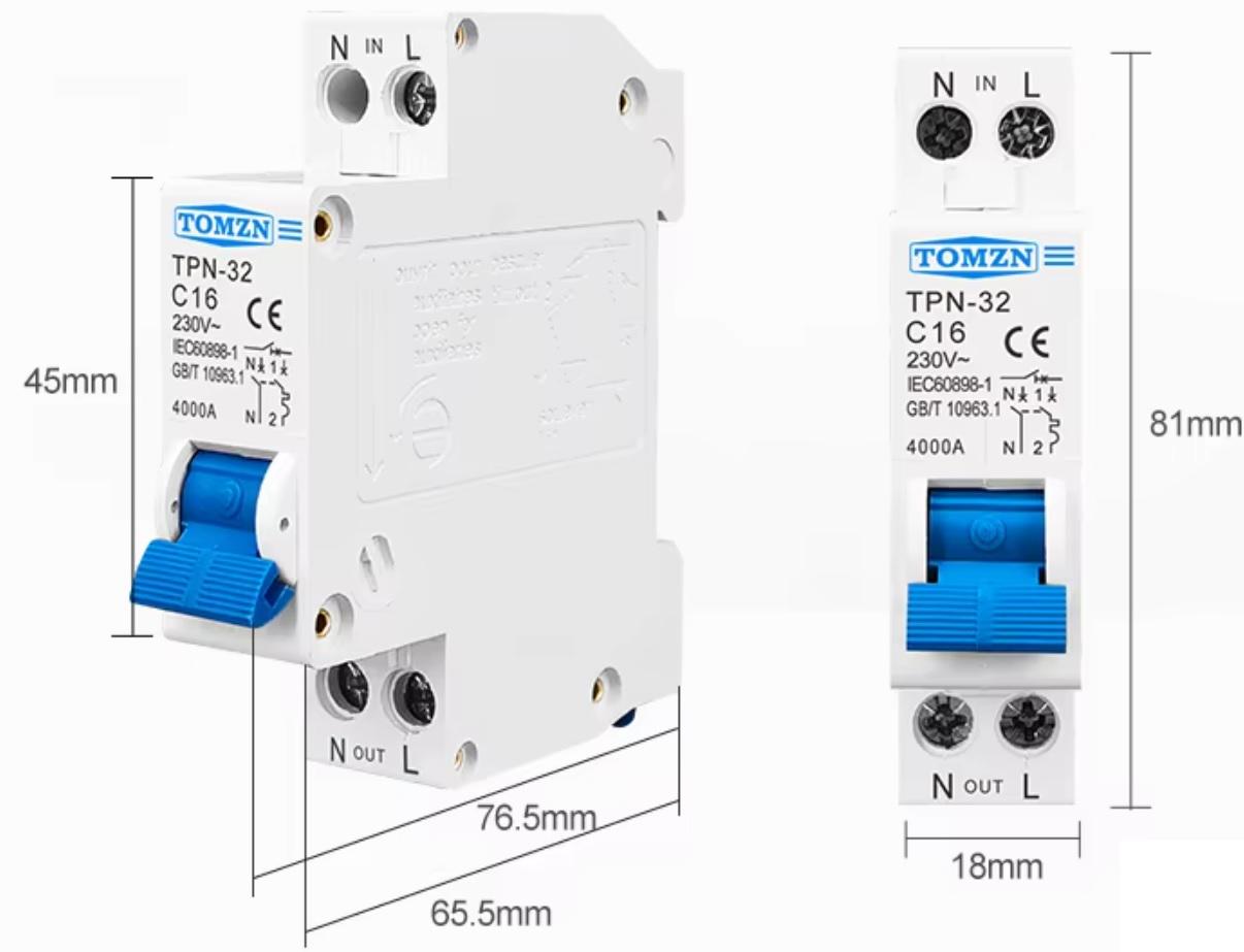 Выключатель двухполюсный автоматический TOMZN 1P+N компактный 16 A 18 мм (21155539) - фото 2