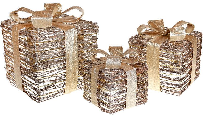 Набор декоративных подарков с LED подсветкой 3 шт. 15х20/20х25/25х30 см Старинное золото