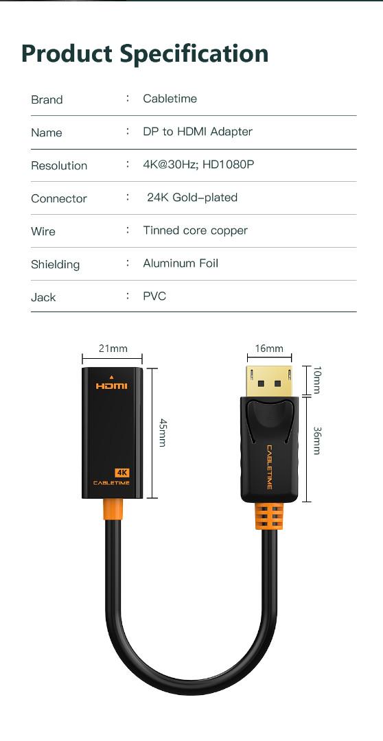 Перехідник Сabletime DisplayPort - HDMI 0,2 м v2.0 1920х1080p/60HZ (CP22B) - фото 2